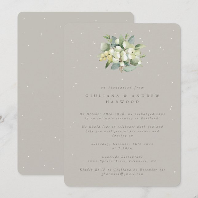 Invitation Réception de mariage Greige Snowberry+Eucalyptus (Devant / Derrière)