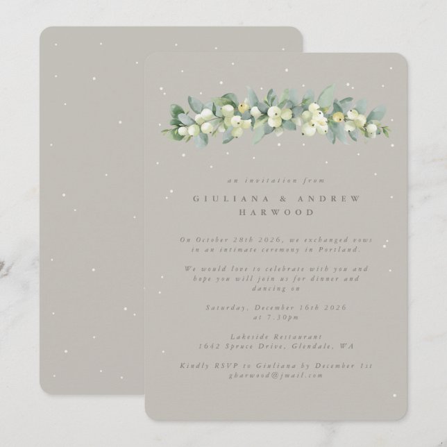 Invitation Réception de mariage Greige Snowberry+Eucalyptus (Devant / Derrière)