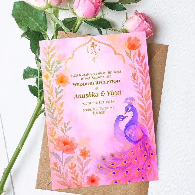 Invitation Réception de mariage hindou indien Peacock Floral (Créateur téléchargé)