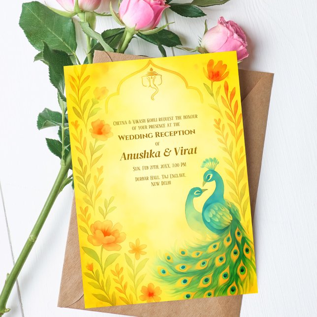 Invitation Réception de mariage hindou indien Peacock Floral (Créateur téléchargé)