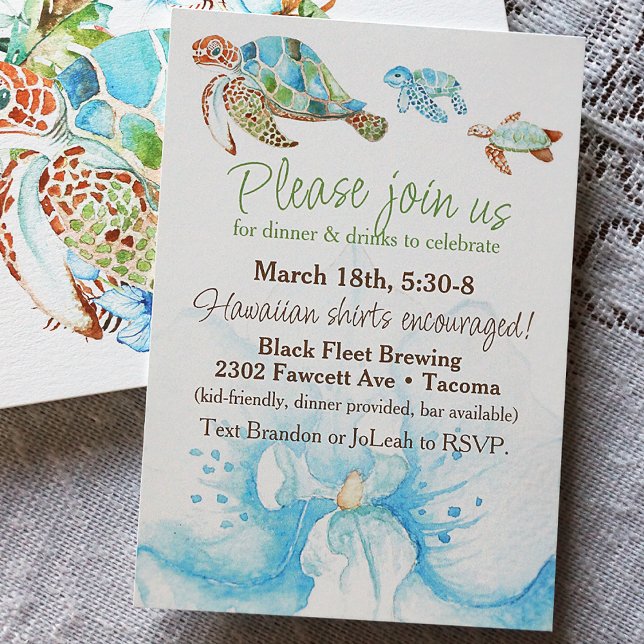 Invitation Réception de mariage intime et fête d'Orchidée Ble (Watercolor Blue and Green Sea Turtle Reception Dinner Party, Beach Elopement After Party)