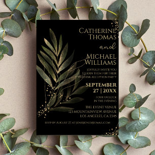 Invitation Réception de mariage moderne Black Gold Leaf