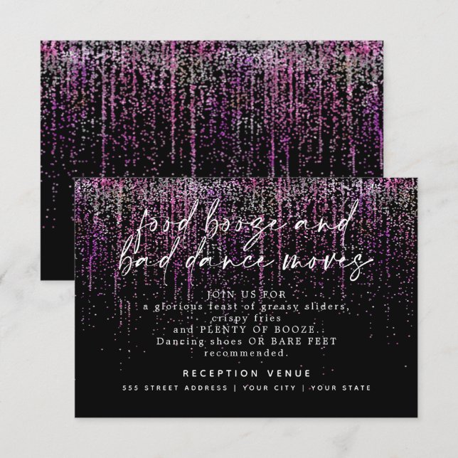 Invitation Réception de mariage moderne paillettes magenta (Devant / Derrière)