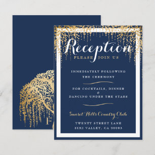 Invitation Réception de mariage moderne Willow Tree Blue Gold