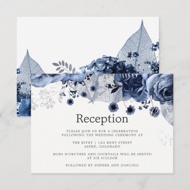 Invitation Réception de mariage Navy & Blanc avec motifs flor (Devant / Derrière)
