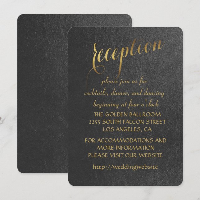 Invitation Réception de mariage noir avec feuille d'or charma (Devant / Derrière)