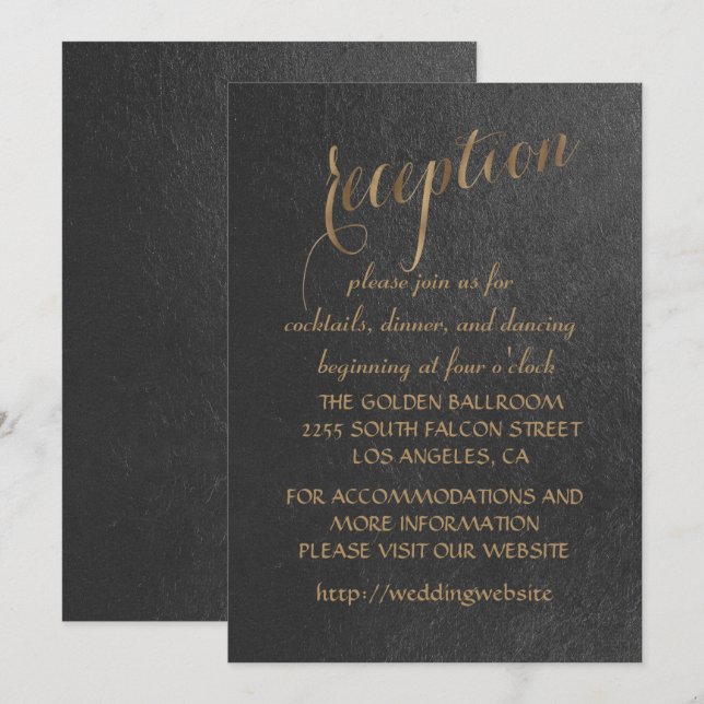 Invitation Réception de mariage noir avec feuille d'or charma (Devant / Derrière)