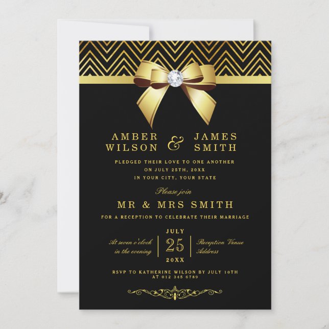 Invitation Réception de mariage Noir Or Chevrons Bow uniqueme (Devant)