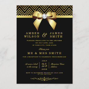 Invitation Réception de mariage Noir Or Chevrons Bow uniqueme