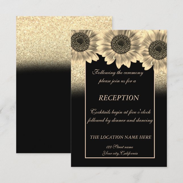 Invitation Réception de mariage pailletée aux tournesols doré (Devant / Derrière)