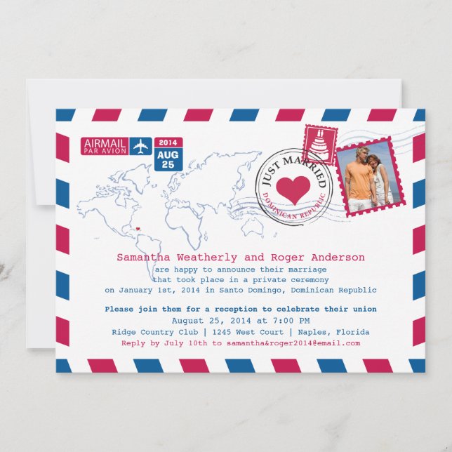 Invitation Réception de mariage par courrier aérien en Républ (Devant)