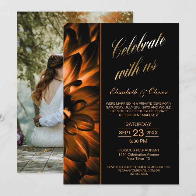 Invitation Réception de mariage photo florale en or noir (Devant / Derrière)
