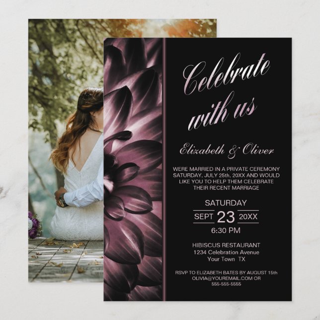 Invitation Réception de mariage photo florale rose humeur (Devant / Derrière)