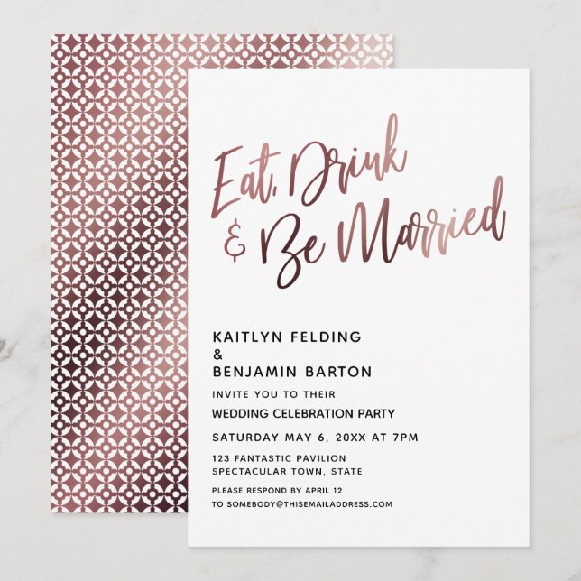 Invitation Réception de mariage Rose Gold Manger Boire & Être (Devant / Derrière)