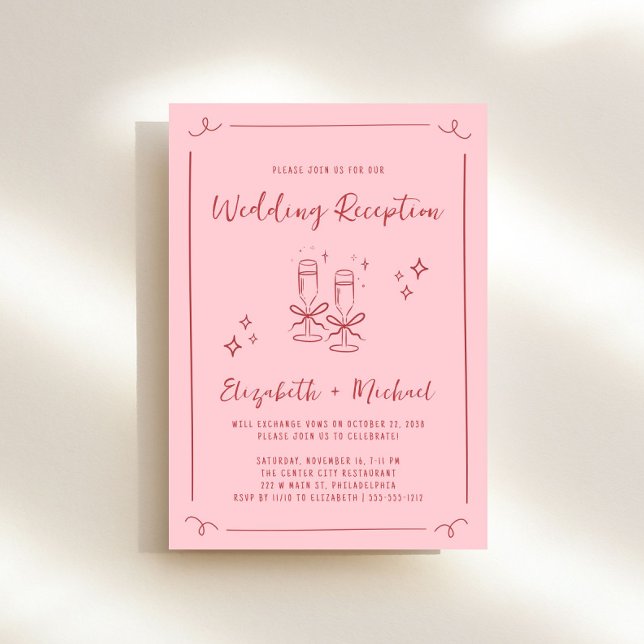 Invitation Réception de mariage rose rouge dessinée à la main (Whimsical pink + red wedding reception invitation to set the tone for an unforgettable event)