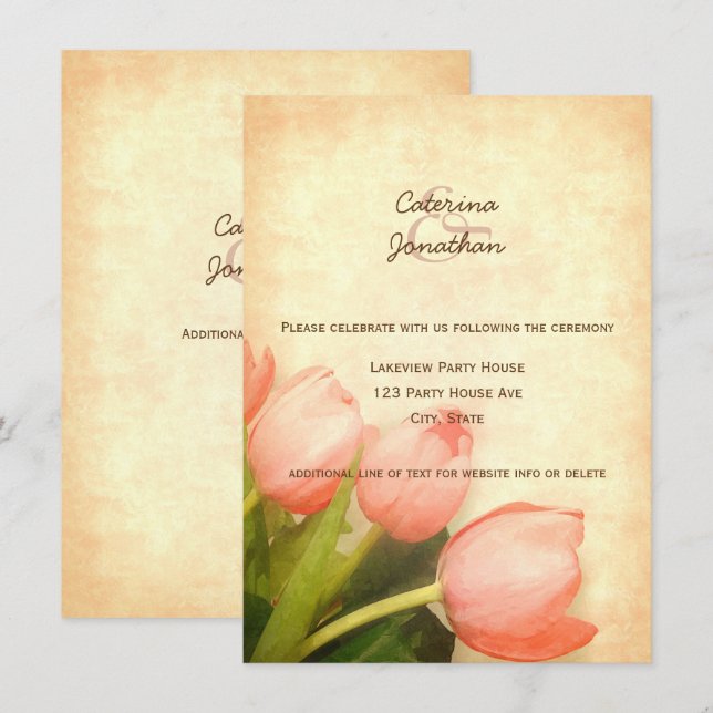 Invitation Réception de mariage rose tulipes (Devant / Derrière)