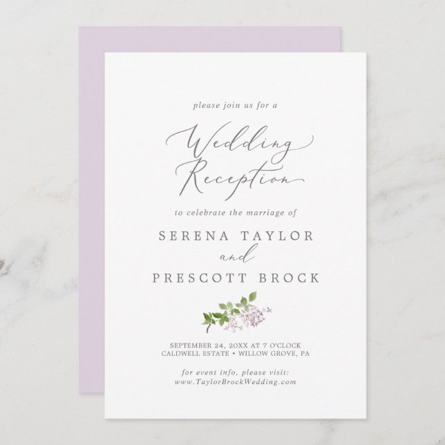 Invitation Réception de mariage rustique au lilas (Devant / Derrière)