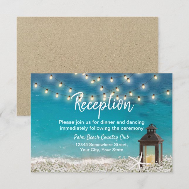 Invitation Réception de mariage sur la plage avec lanterne ru (Devant / Derrière)
