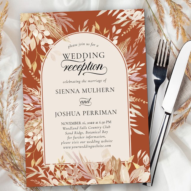 Invitation Réception de mariage terracotta encadrée botanique (Arch Wedding Reception Invitation Card for the evening - terracotta burnt orange and neutral foliage)