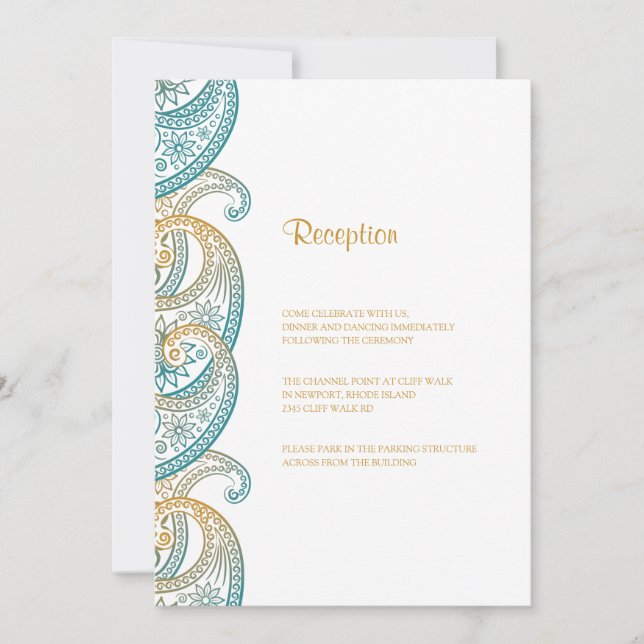 Invitation Réception de mariage turquoise et Gold Indian Pais (Devant)