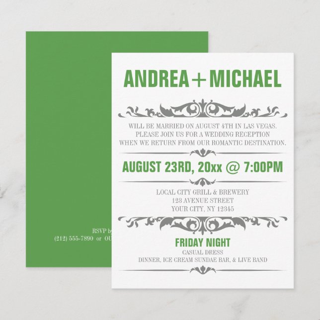 Invitation Réception de mariage verte et grise seulement Invi (Devant / Derrière)
