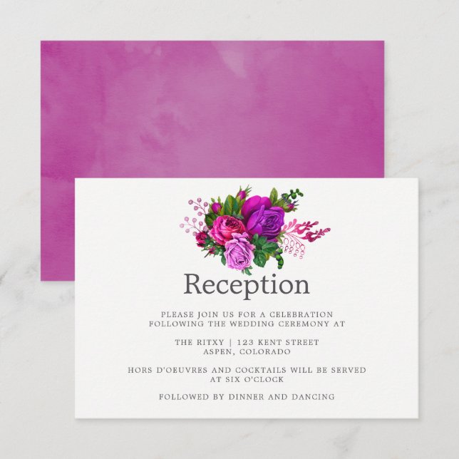 Invitation Réception de mariage vintage Fuchsia & Purple Shab (Devant / Derrière)