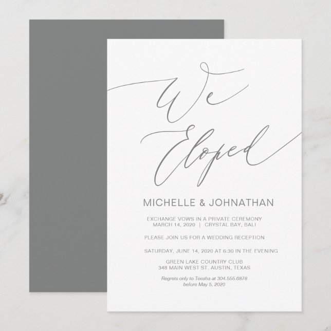 Invitation Réception design moderne, grise, Mariage Elopement (Devant / Derrière)