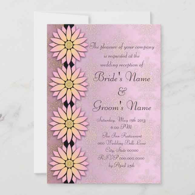 Invitation Réception Floral et Peachy Pink Mariage damassé (Devant)