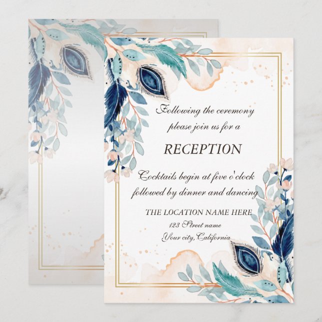 Invitation Réception florale de plume de paon à l'aquarelle (Devant / Derrière)