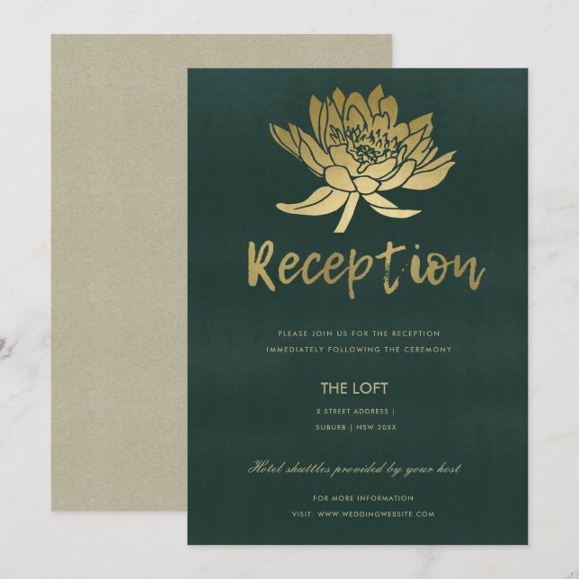 INVITATION RÉCEPTION FLORALE GLAMOREUSE OR SOMBRE VERT LOTUS (Devant / Derrière)