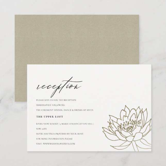 INVITATION RÉCEPTION FLORALE GLAMOREUSE PALE OR BLANC LOTUS (Devant / Derrière)