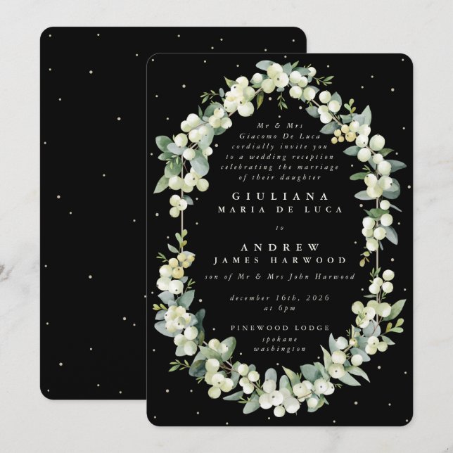 Invitation Réception Formelle Black Snowberry+Eucalyptus Seul (Devant / Derrière)