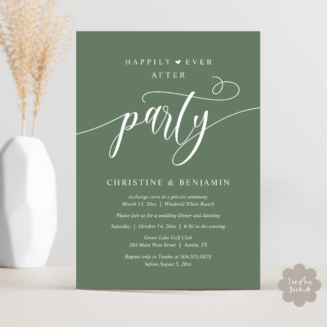 Invitation Réception Moderne Boho pour un Happy End (Modern Boho Happily Ever After Reception Party Invitation card PDF in sage green)