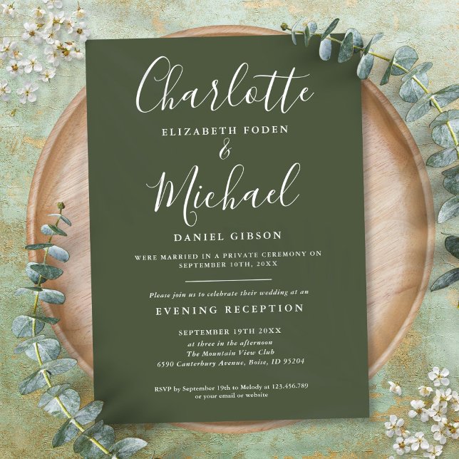 Invitation Réception uniquement Mariage de script vert olive (Reception Only Olive Green Script Wedding Invitation)