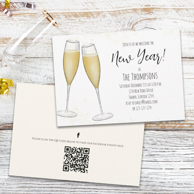 Invitation Réceptions du Nouvel An simples Champagne Code QR  (Créateur téléchargé)