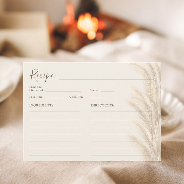 Invitation Recette de mariage bohème beige herbe de pampas aq (Boho beige pampas grass watercolor bridal recipe invitation)