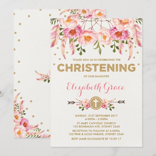 Invitation Receveur rêveur floral d'or de rose de baptême de (Devant / Derrière)