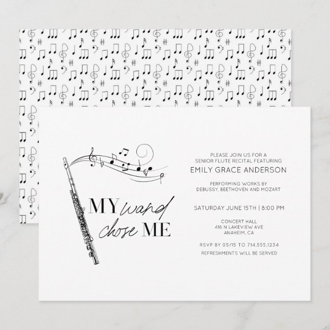 Invitation Récital de flûte My Wand Chose Me Citation Noir &  (Devant / Derrière)