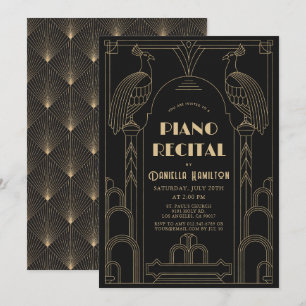 Invitation Récital de piano Art Déco années 1920 Paon noir