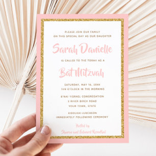 Invitation Rectangle Bat Mitzvah rose et paillettes dorées