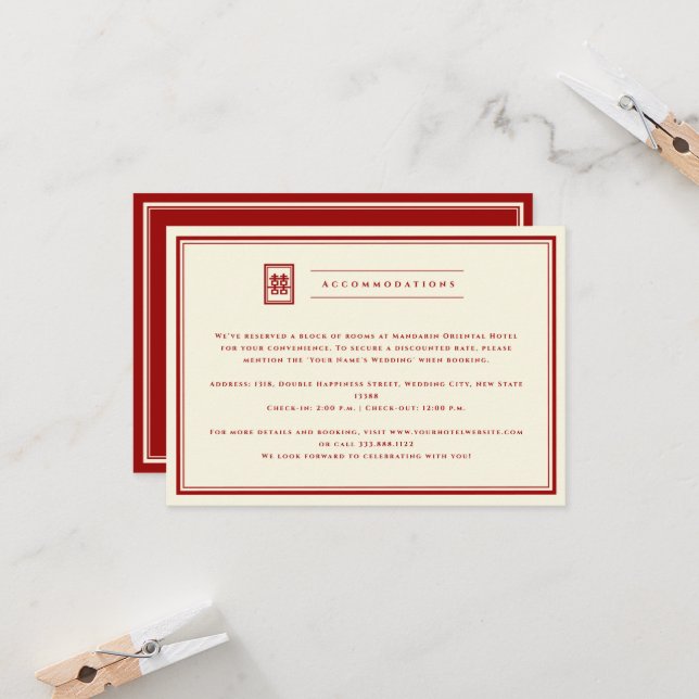 Invitation Rectangle classique Double Bonheur Mariage chinois (Devant/Arrière en situation)