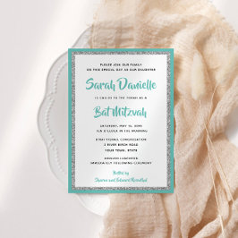 Invitation Rectangle Turquoise et argenté Bat mitzvah