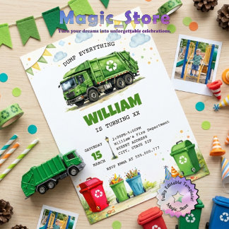 Invitation Recycling Garbage Truck Trash Can Birthday Party