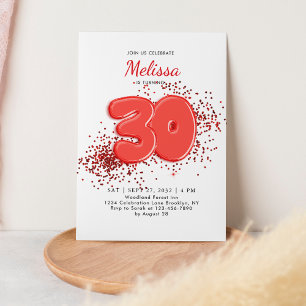 Invitation Red 30th Balloons Confetti Anniversaire adulte