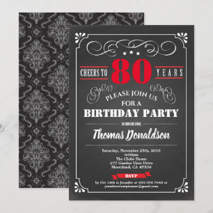 Invitation Red 80e anniversaire tableau noir vintage