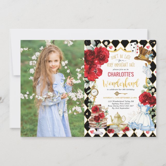Invitation Red Alice au pays des merveilles Thé d'anniversair (Devant)