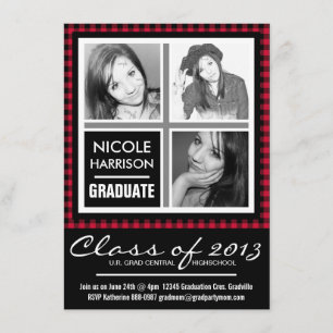 Invitation Red and Black Plaid En vichy 3 Photo Grad Party