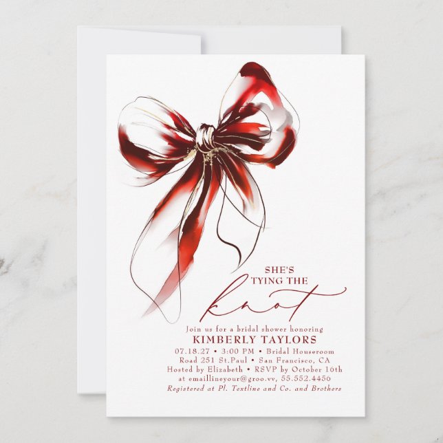 Invitation Red and Gold Bow Elegant Whimsical Bridal Shower (Devant)