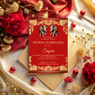 Invitation Red and gold elephants Indian wedding mehndi