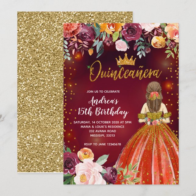 Invitation Red and Gold Mexicaine Princesse Quinceañera Anniv (Devant / Derrière)